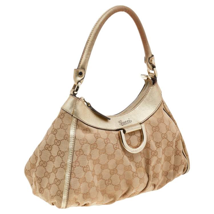 Pre Owned Gucci Beige/Gold GG Canvas And Leather D Ring Hobo