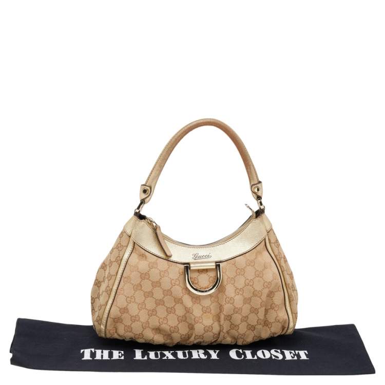 Pre Owned Gucci Beige/Gold GG Canvas And Leather D Ring Hobo