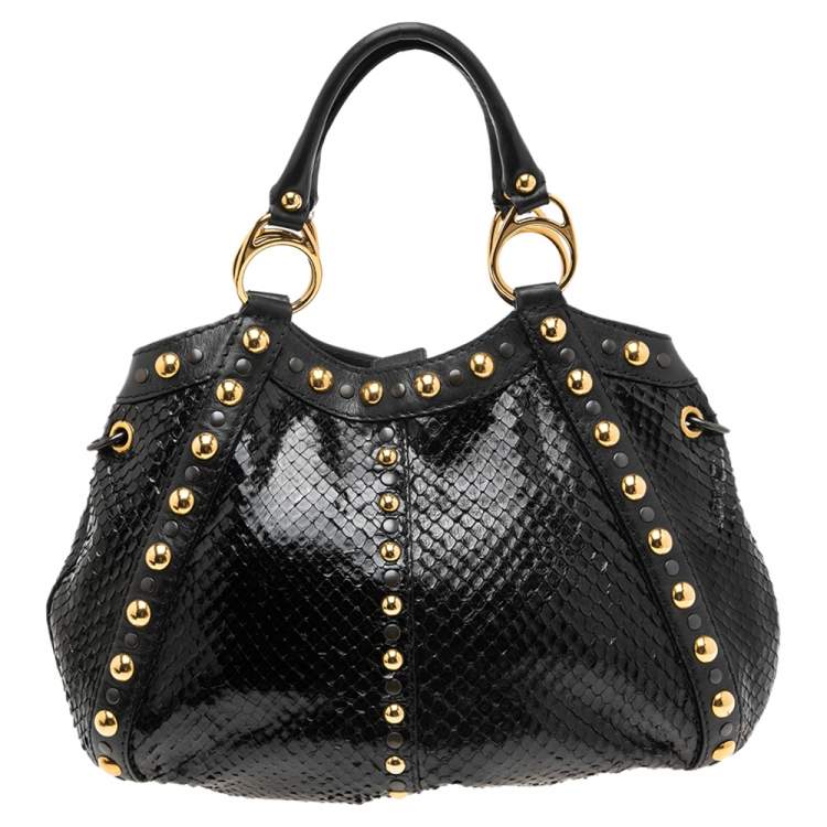 Pre Owned Gucci Black Python Studded Babouska Tote