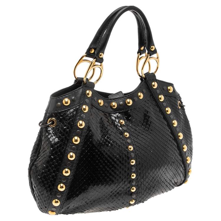 Pre Owned Gucci Black Python Studded Babouska Tote