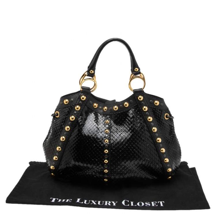 Pre Owned Gucci Black Python Studded Babouska Tote