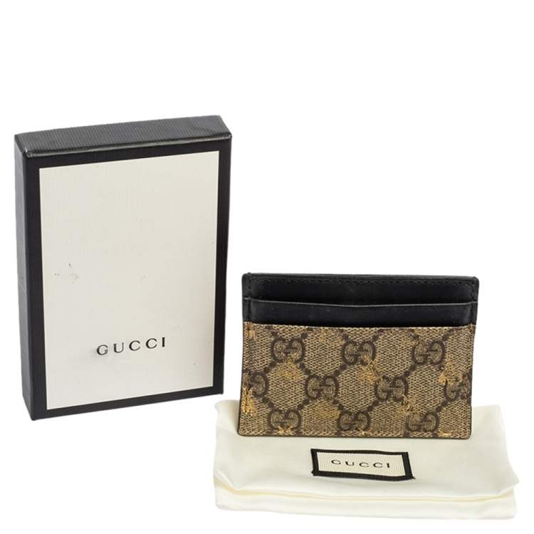 Pre Owned Gucci Black/Beige GG Supreme Canvas and Leather Bee Card Holder  