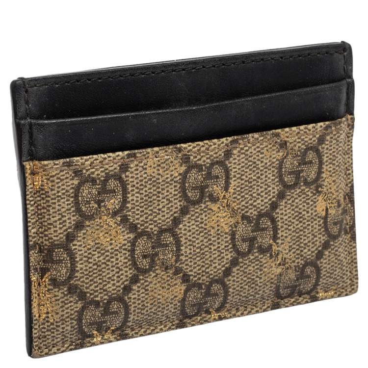 Pre Owned Gucci Black/Beige GG Supreme Canvas and Leather Bee Card Holder  