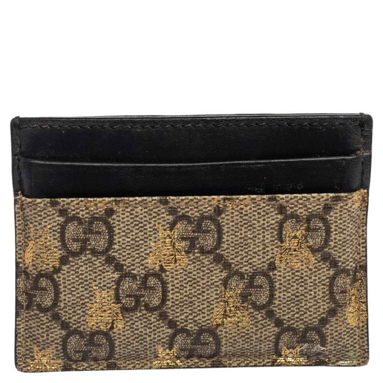 Pre Owned Gucci Black/Beige GG Supreme Canvas and Leather Bee Card Holder  