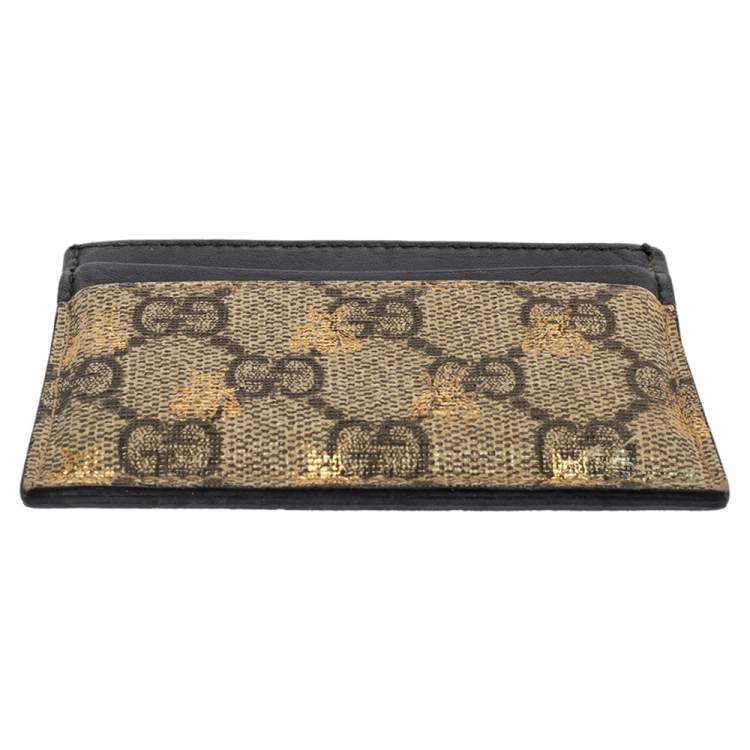 Pre Owned Gucci Black/Beige GG Supreme Canvas and Leather Bee Card Holder  
