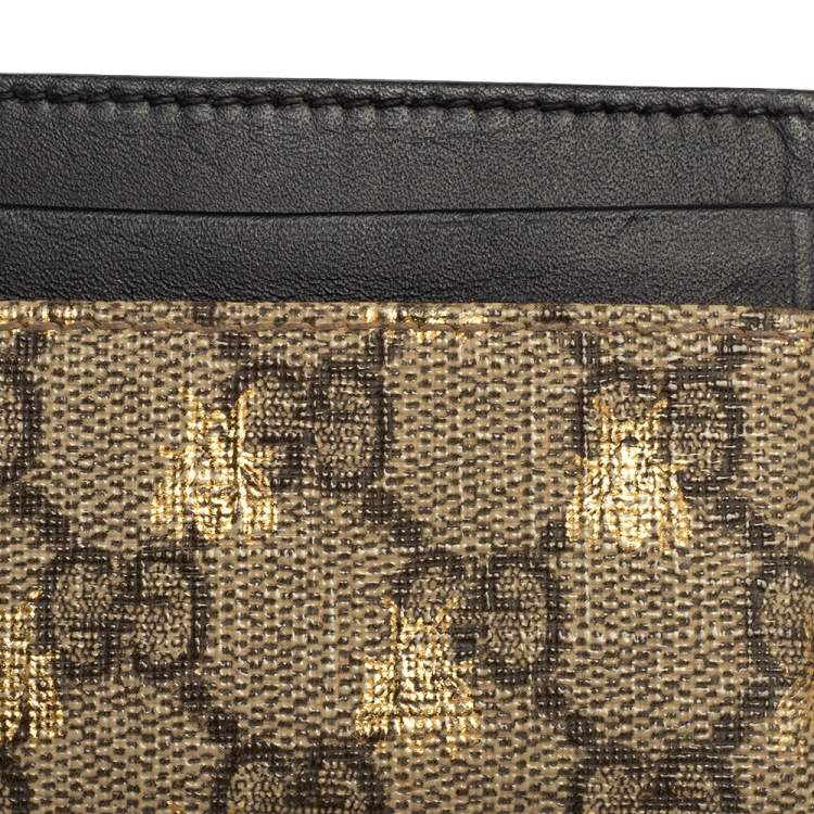 Pre Owned Gucci Black/Beige GG Supreme Canvas and Leather Bee Card Holder  