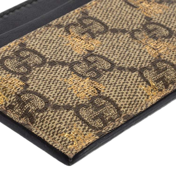 Pre Owned Gucci Black/Beige GG Supreme Canvas and Leather Bee Card Holder  