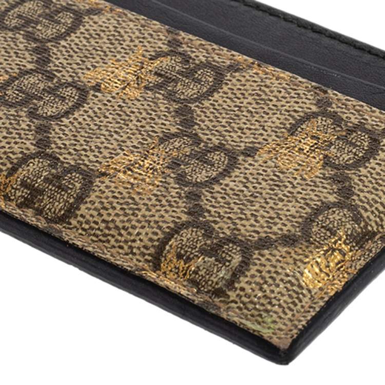 Pre Owned Gucci Black/Beige GG Supreme Canvas and Leather Bee Card Holder  
