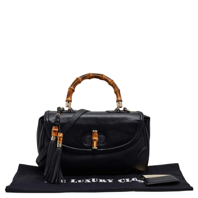 Pre Owned Gucci Black Leather New Bamboo Tassel Top Handle Bag