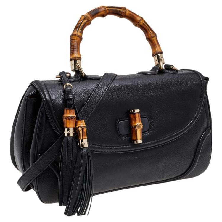 Pre Owned Gucci Black Leather New Bamboo Tassel Top Handle Bag