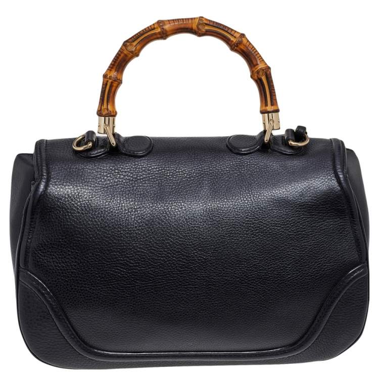 Pre Owned Gucci Black Leather New Bamboo Tassel Top Handle Bag