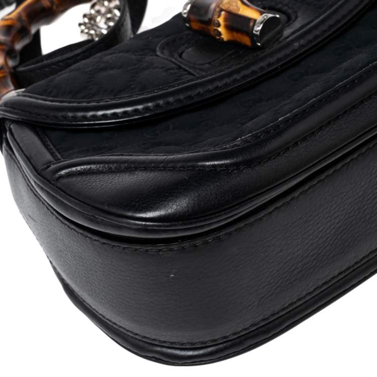 Pre Owned Gucci Black GG Fabric and Leather New Bamboo Top Handle Bag