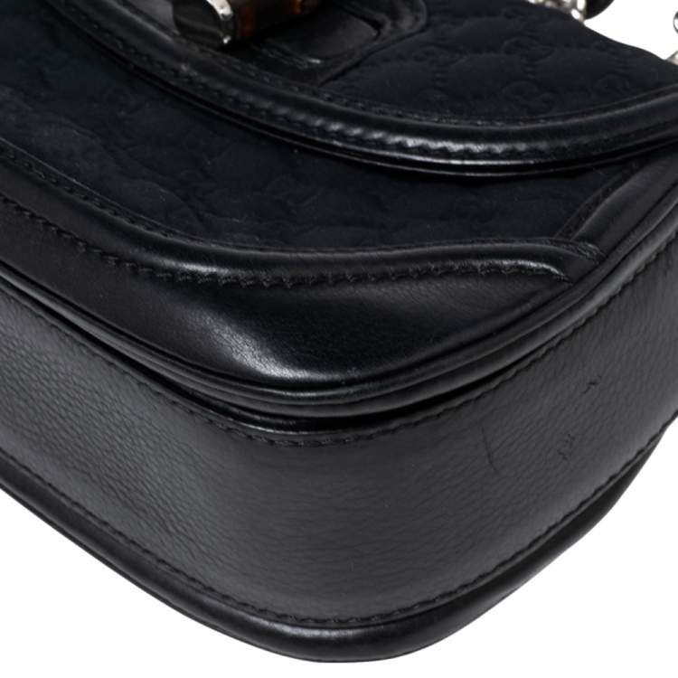 Pre Owned Gucci Black GG Fabric and Leather New Bamboo Top Handle Bag