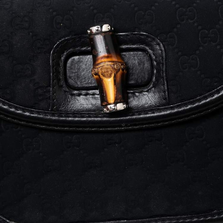 Pre Owned Gucci Black GG Fabric and Leather New Bamboo Top Handle Bag