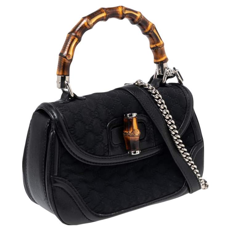Pre Owned Gucci Black GG Fabric and Leather New Bamboo Top Handle Bag