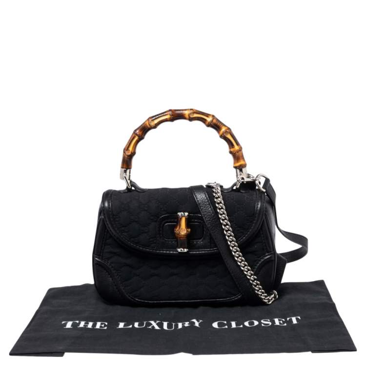 Pre Owned Gucci Black GG Fabric and Leather New Bamboo Top Handle Bag