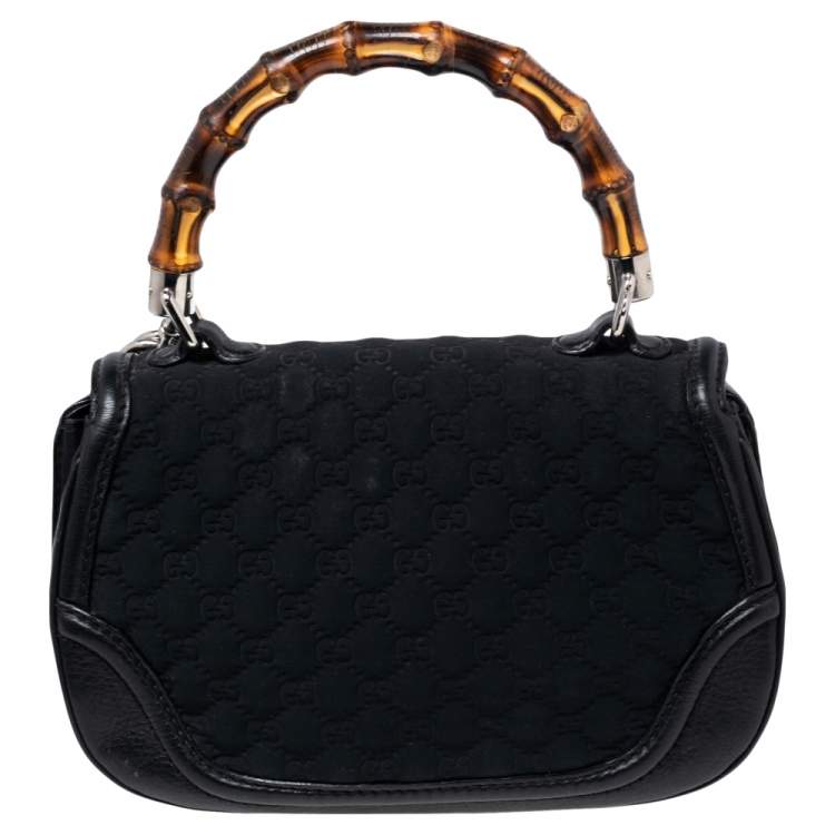Pre Owned Gucci Black GG Fabric and Leather New Bamboo Top Handle Bag