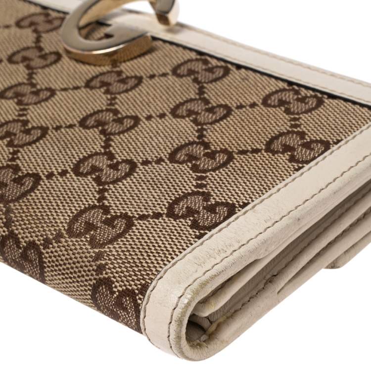 Pre Owned Gucci White/Beige GG Canvas and Leather G Bit Flap Continental Wallet