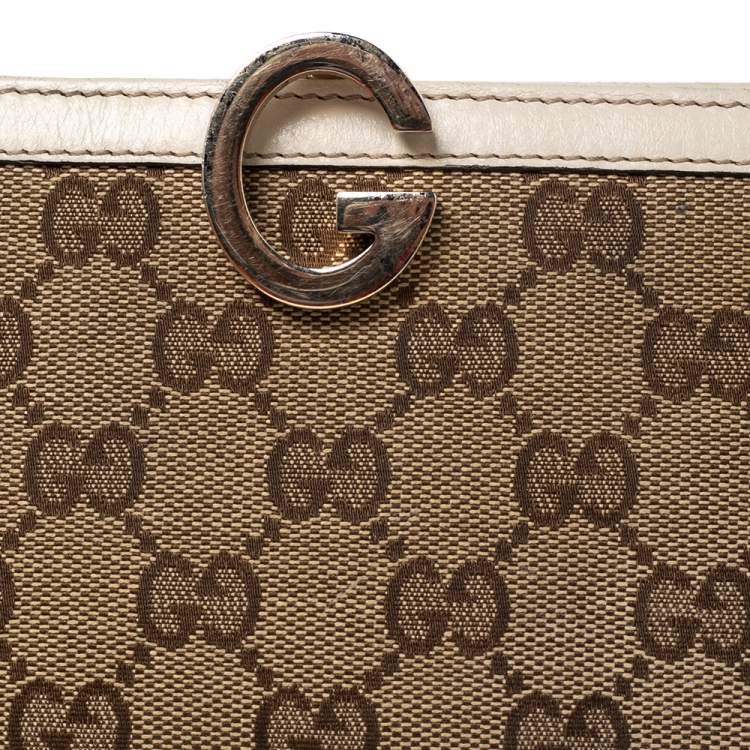 Pre Owned Gucci White/Beige GG Canvas and Leather G Bit Flap Continental Wallet