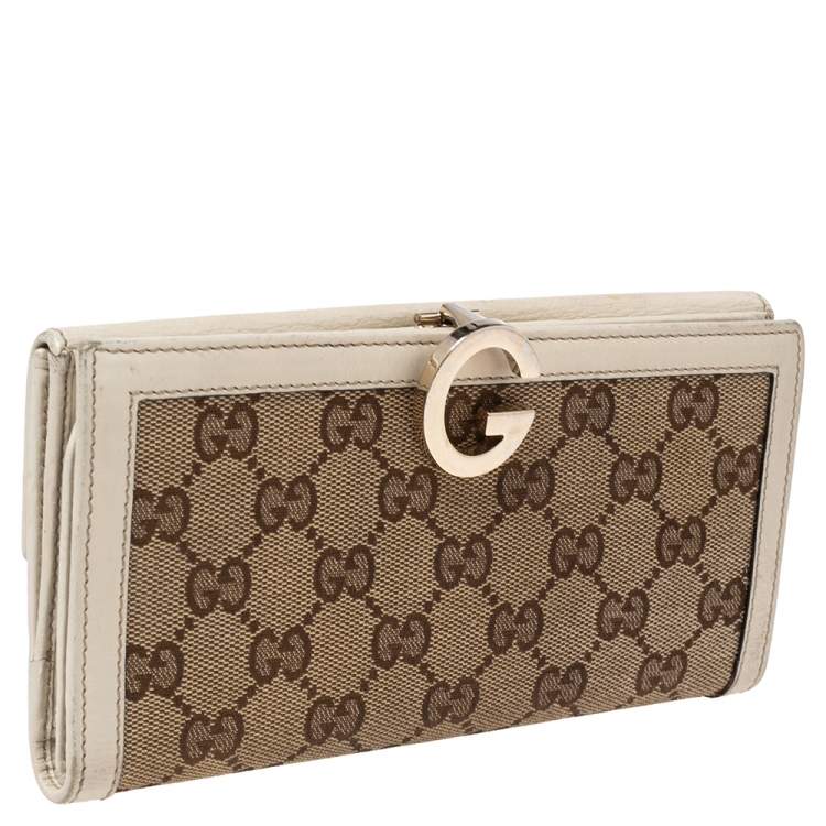 Pre Owned Gucci White/Beige GG Canvas and Leather G Bit Flap Continental Wallet