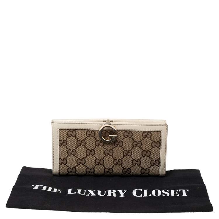 Pre Owned Gucci White/Beige GG Canvas and Leather G Bit Flap Continental Wallet
