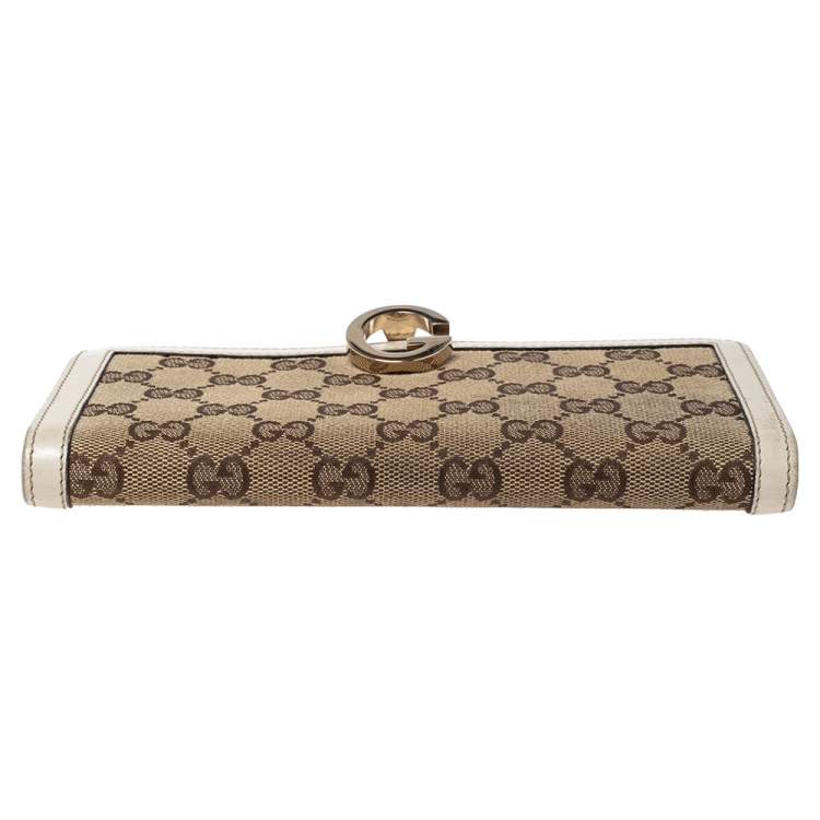 Pre Owned Gucci White/Beige GG Canvas and Leather G Bit Flap Continental Wallet