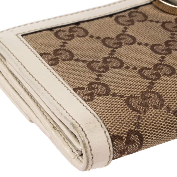 Pre Owned Gucci White/Beige GG Canvas and Leather G Bit Flap Continental Wallet