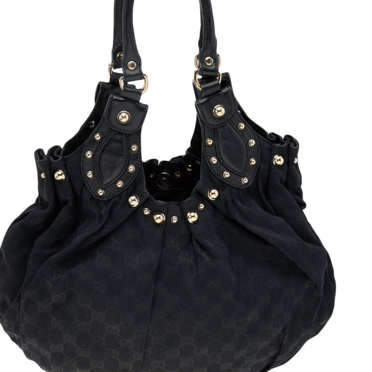 Pre Owned Gucci Black GG Canvas and Leather Studded Pelham Bag 