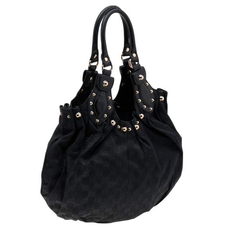Pre Owned Gucci Black GG Canvas and Leather Studded Pelham Bag 