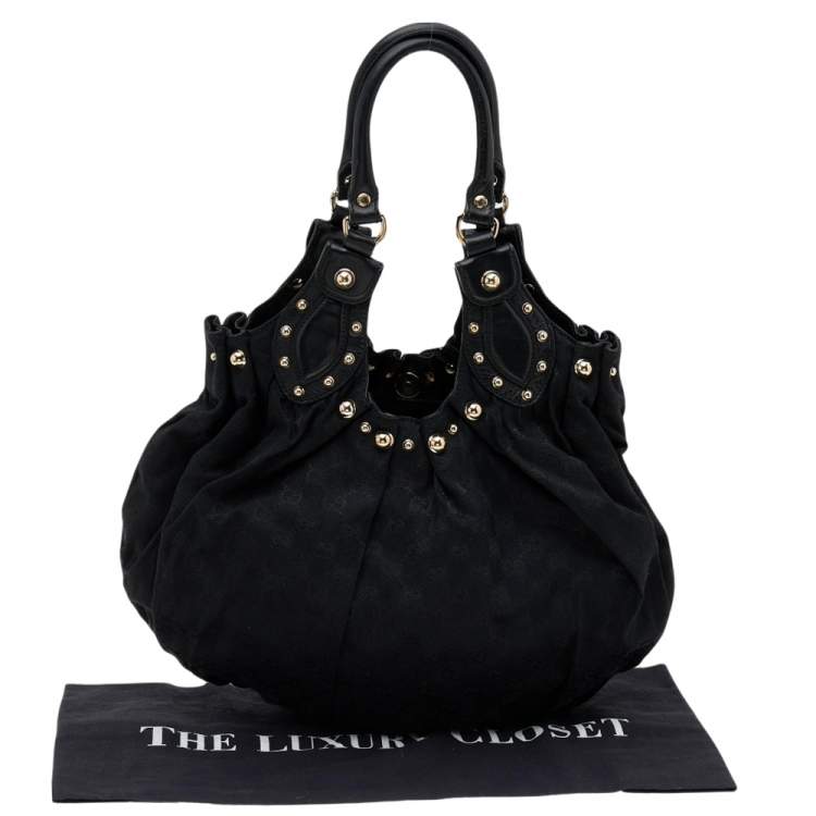 Pre Owned Gucci Black GG Canvas and Leather Studded Pelham Bag 