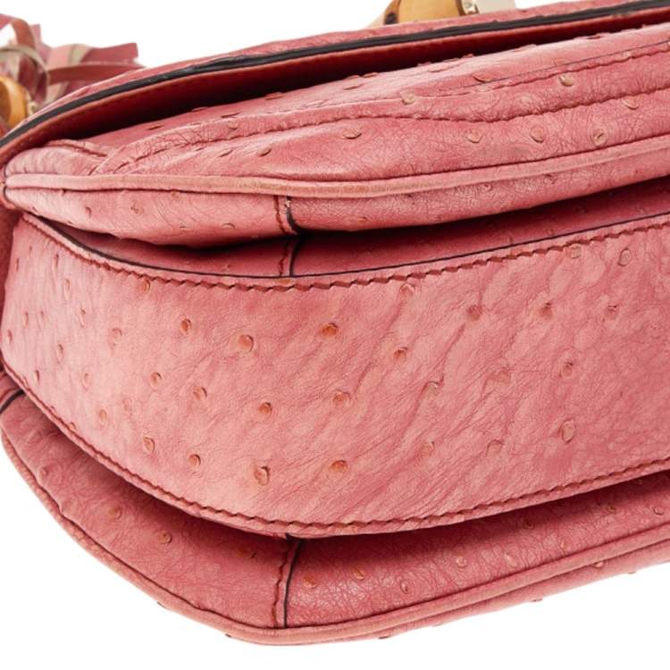 Pre Owned Gucci Orange Ostrich Leather Bamboo Top Handle Bag