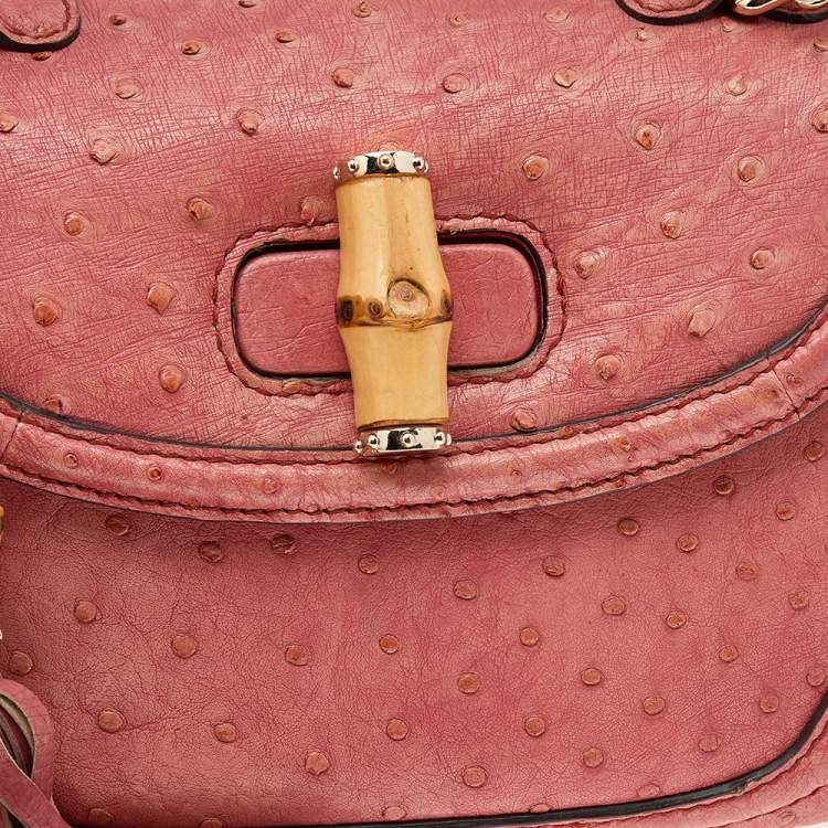Pre Owned Gucci Orange Ostrich Leather Bamboo Top Handle Bag