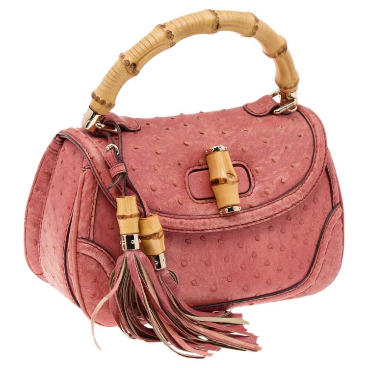 Pre Owned Gucci Orange Ostrich Leather Bamboo Top Handle Bag