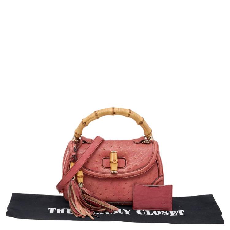 Pre Owned Gucci Orange Ostrich Leather Bamboo Top Handle Bag