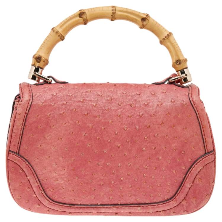 Pre Owned Gucci Orange Ostrich Leather Bamboo Top Handle Bag