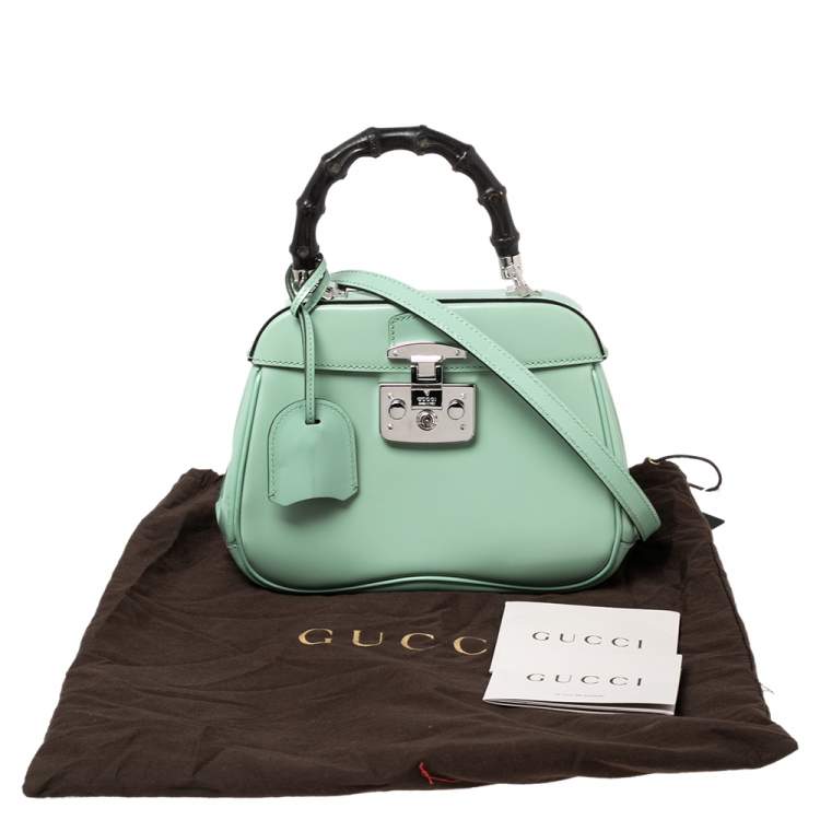 Pre Owned Gucci Light Green Leather Lady Lock Bamboo Top Handle Bag