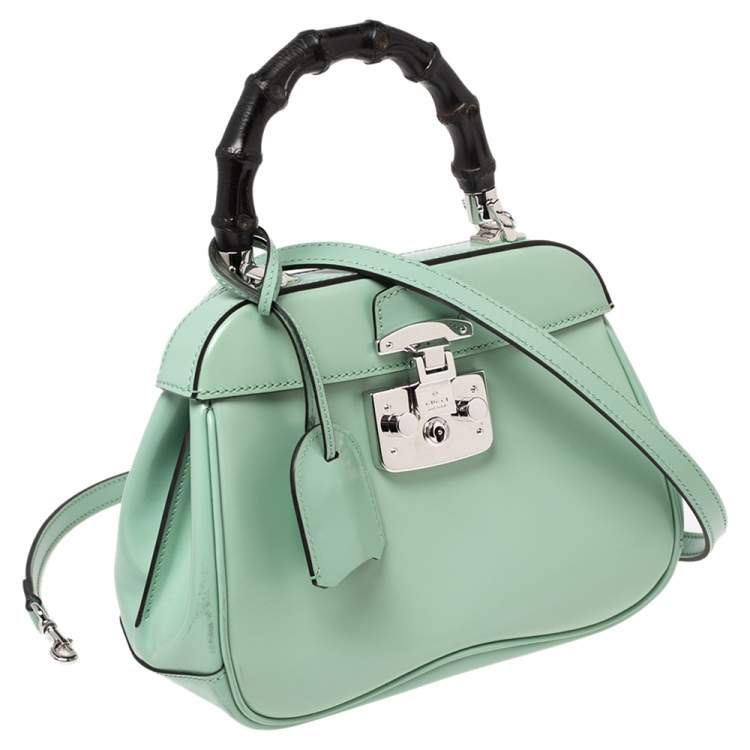 Pre Owned Gucci Light Green Leather Lady Lock Bamboo Top Handle Bag