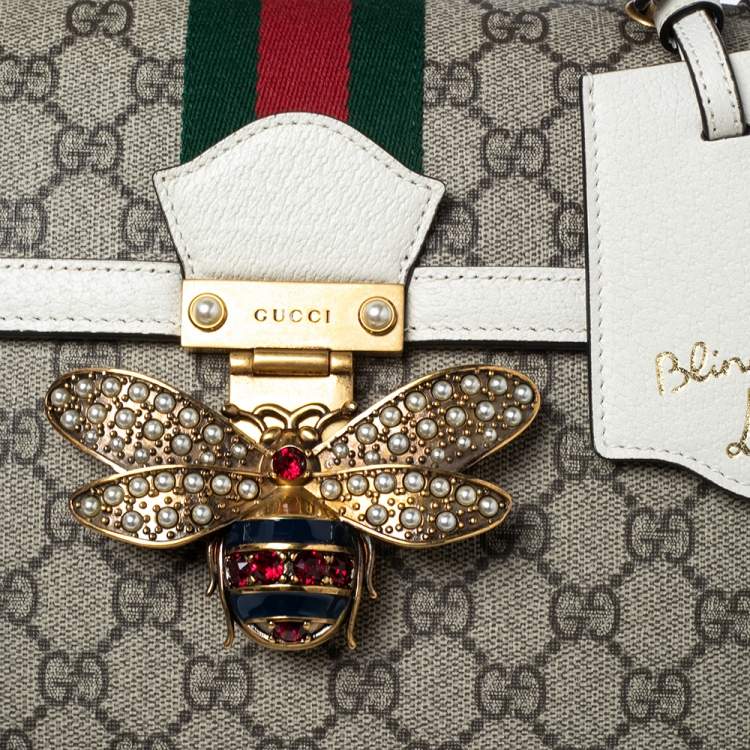 Pre Owned Gucci Beige/White Supreme Canvas And Leather Small Queen Margaret Top Handle Bag