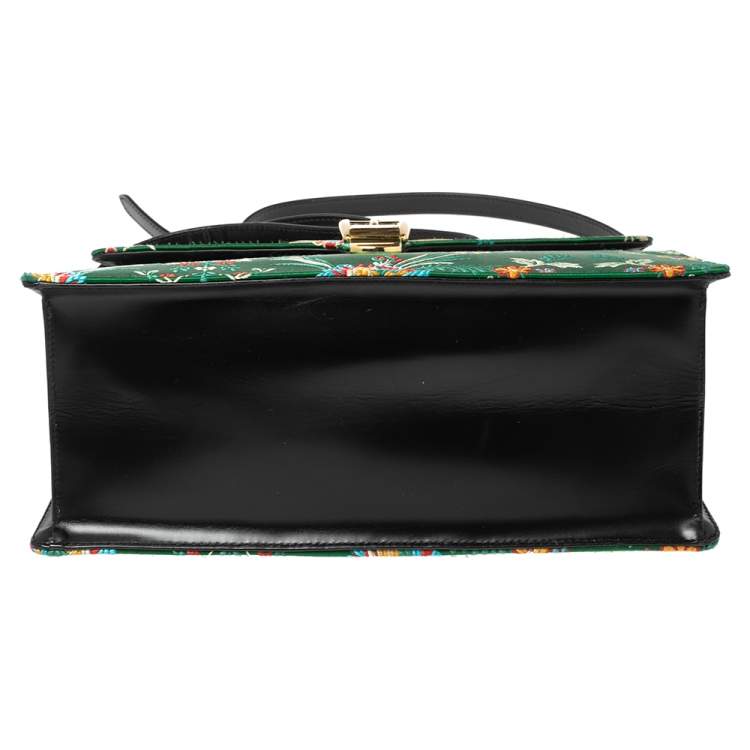 Pre Owned Gucci Green Floral Embroidered Jacquard Medium Sylvie Top Handle Bag
