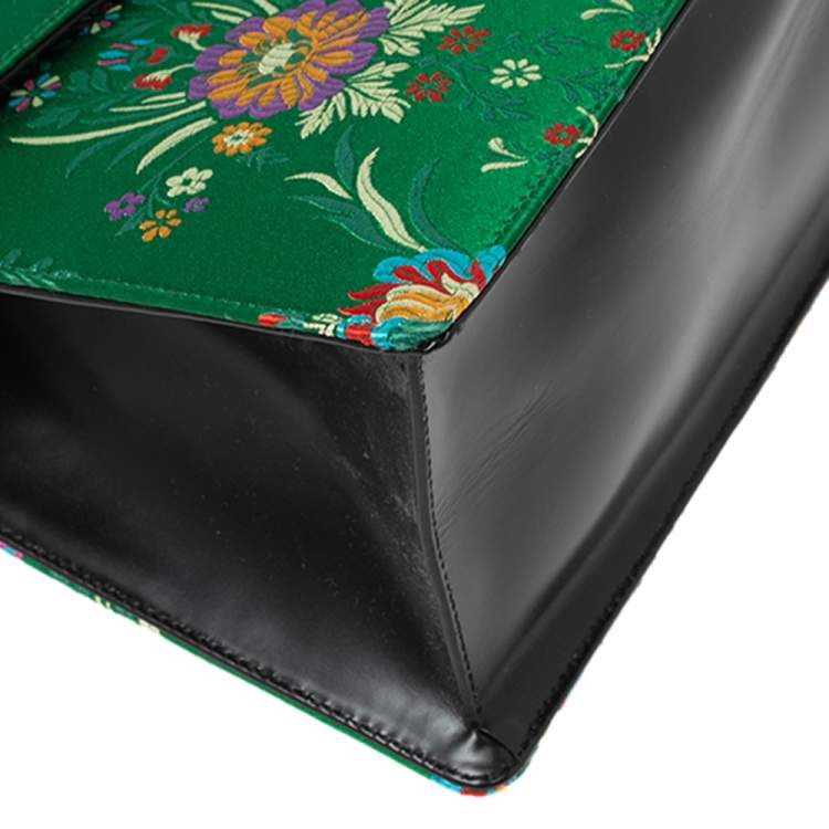 Pre Owned Gucci Green Floral Embroidered Jacquard Medium Sylvie Top Handle Bag