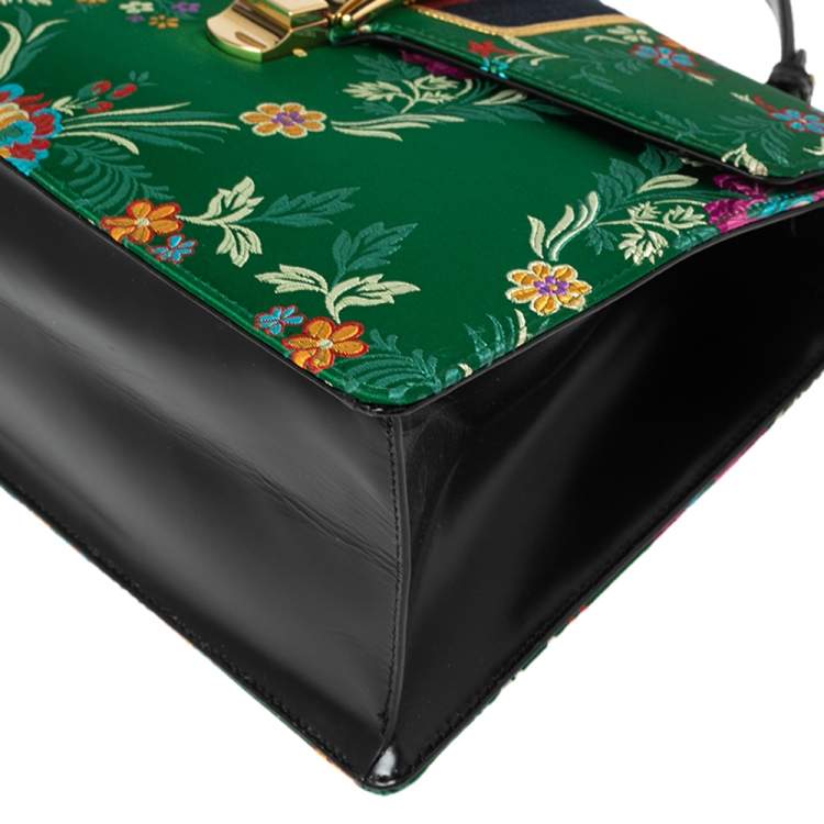 Pre Owned Gucci Green Floral Embroidered Jacquard Medium Sylvie Top Handle Bag