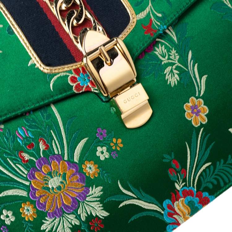 Pre Owned Gucci Green Floral Embroidered Jacquard Medium Sylvie Top Handle Bag