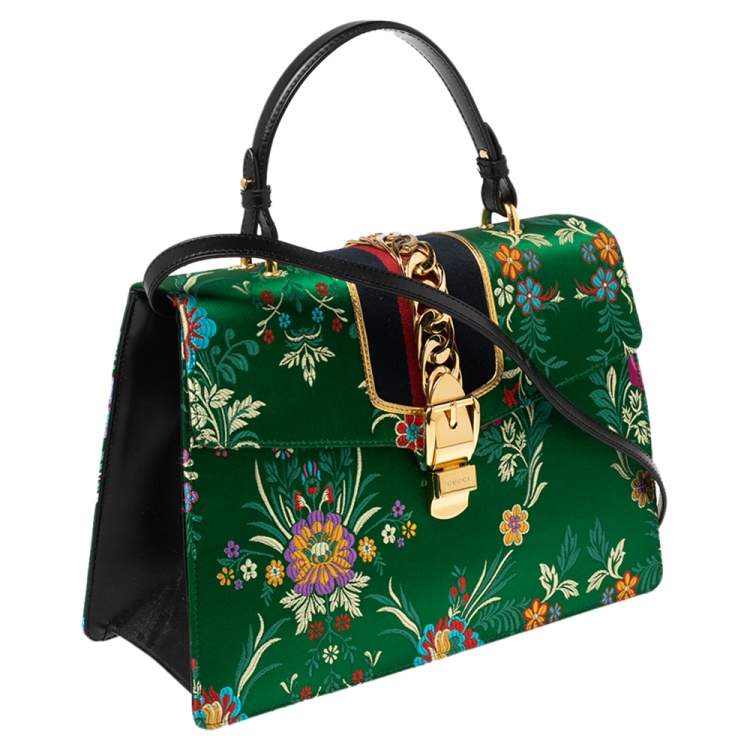 Pre Owned Gucci Green Floral Embroidered Jacquard Medium Sylvie Top Handle Bag