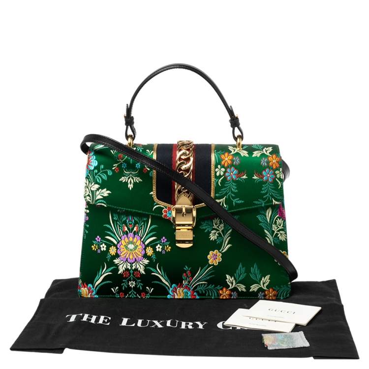 Pre Owned Gucci Green Floral Embroidered Jacquard Medium Sylvie Top Handle Bag