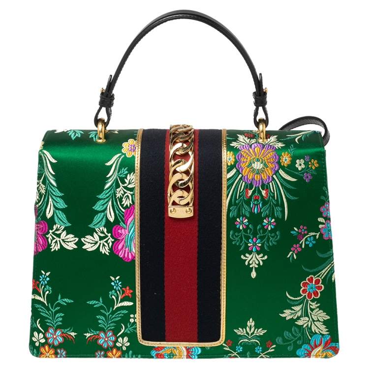 Pre Owned Gucci Green Floral Embroidered Jacquard Medium Sylvie Top Handle Bag