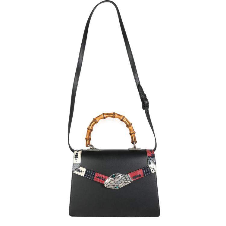 Pre Owned Gucci Black Calfskin Leather Elaphe Lilith Small Bamboo Top Handle Bag