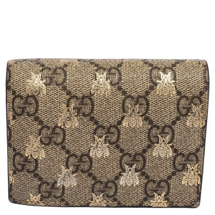 Pre Owned Gucci Beige GG Supreme Canvas and Leather Bee Print Card Case