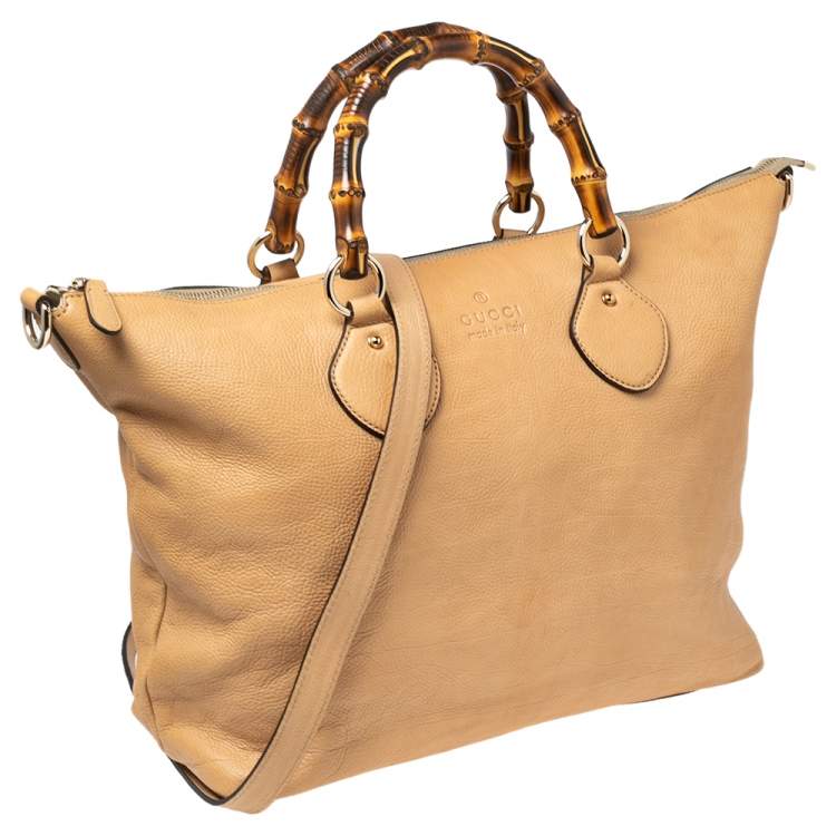 Pre Owned Gucci Beige Leather Medium Bamboo Shopper Tote