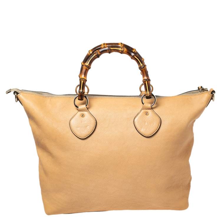 Pre Owned Gucci Beige Leather Medium Bamboo Shopper Tote