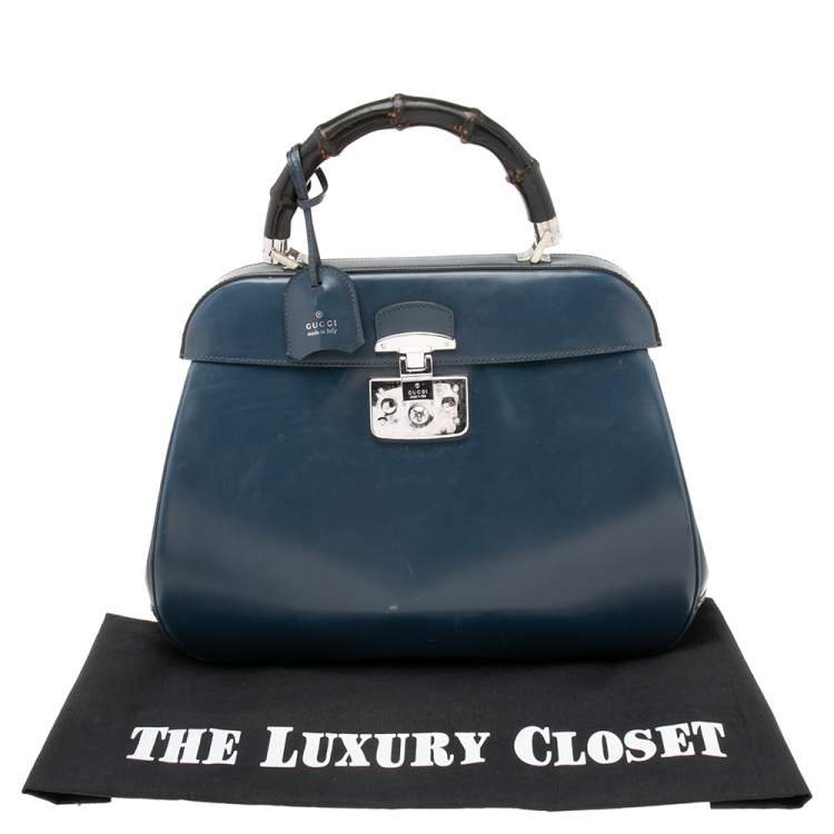 Pre Owned Gucci Blue Leather Lady Lock Bamboo Large Top Handle Bag